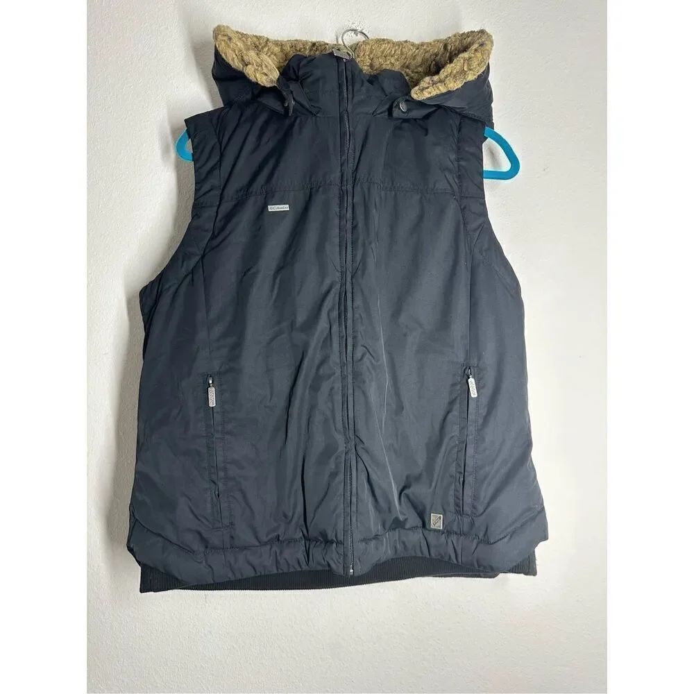 Columbia Vest Black Puffer Down Feather Full Zip Hooded Faux Fur Trim Sz XL